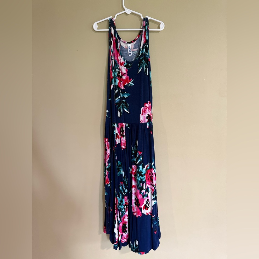Floral Sleeveless Above the Knee Dress - Navy and Pink